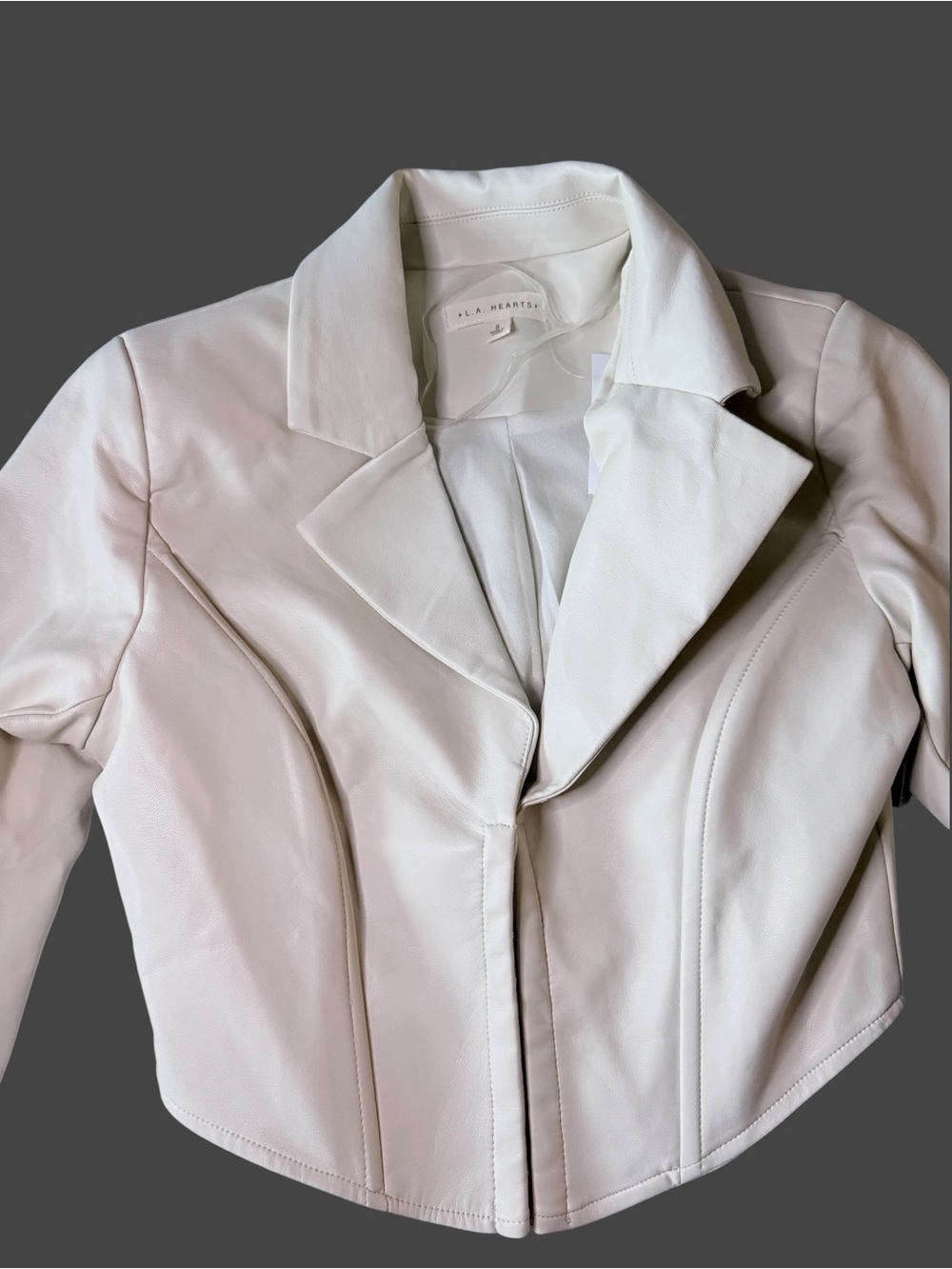 La Hearts Cream Cropped Leather Jacket